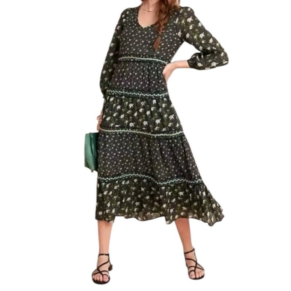 Anthropologie Karoline Tiered Floral Boho Cottagecore Midi Dress Size XXS